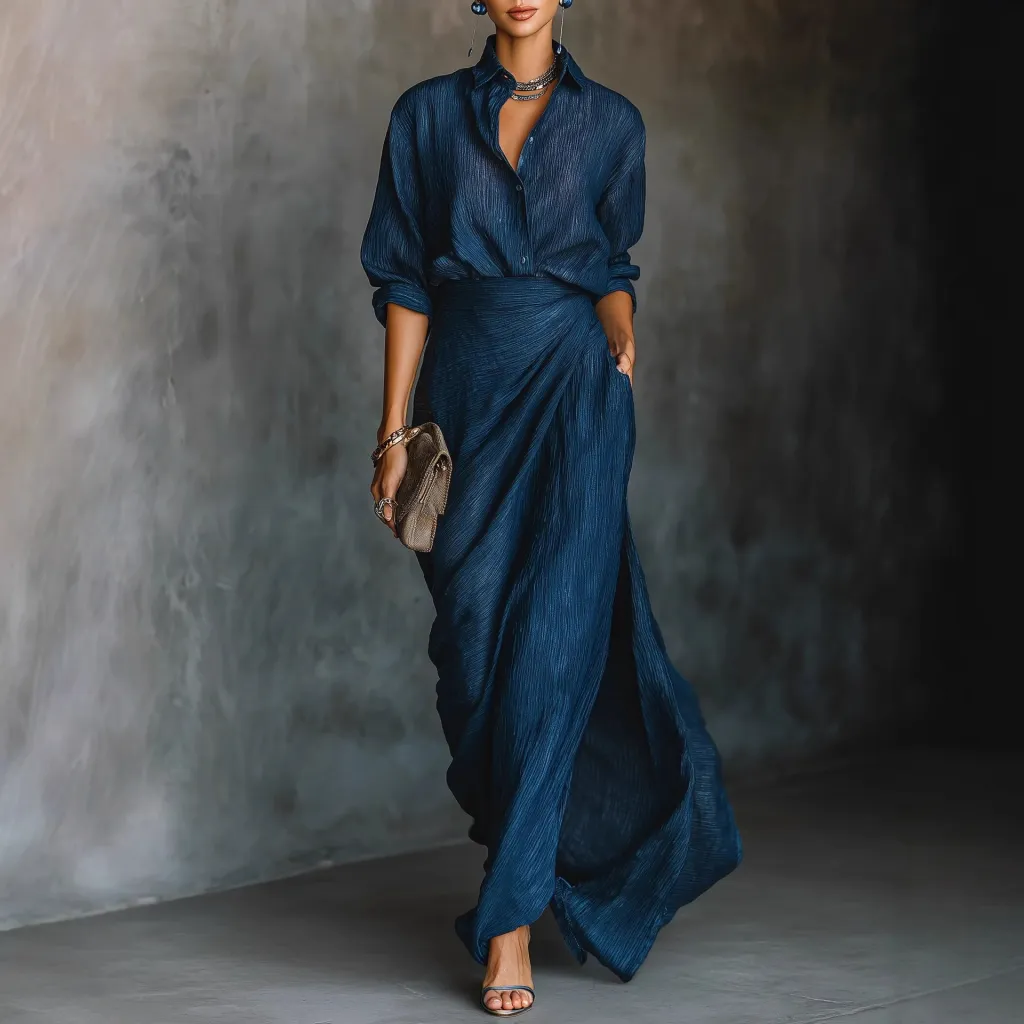 Elegant Graceful Sexy Solid Colour Irregular Pleated Dress With Belt - Blue
