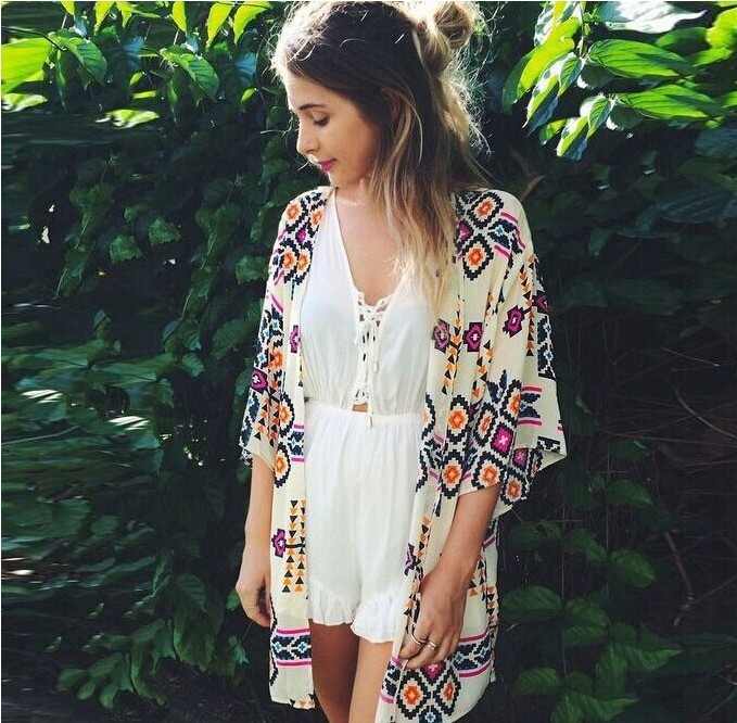 Summer Chiffon Shirt Beach Skirt Diamond Lattice Printed Sunscreen Cardigan Kimono