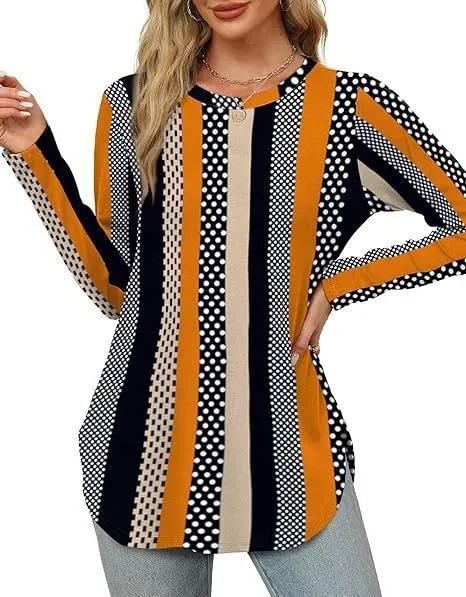 Solid Color Long sleeved Top Round Neck Loose Casual Bottoming Shirt Geometric Printing - Shop at LoveMi