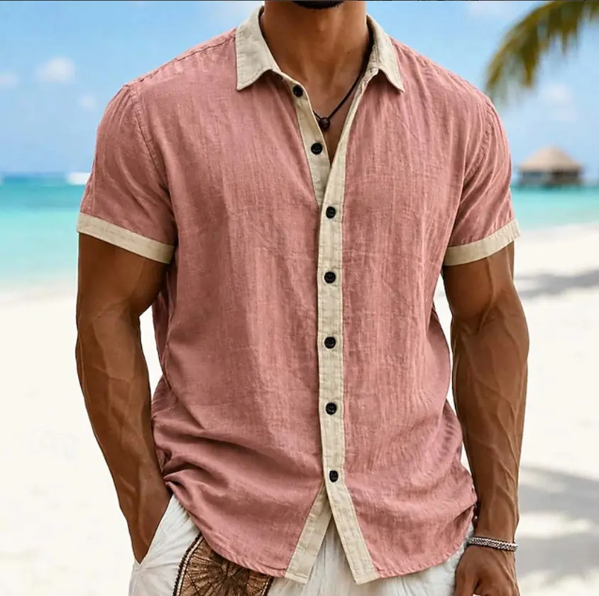 Mens Color-Block Patchwork Short-Sleeve Lapel Shirt
