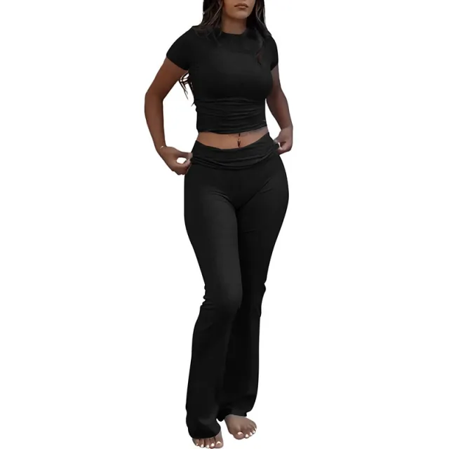 Casual Workout Round Neck Top Low Waist Bell bottom Pants Sportswear Suit Black - Shop at LoveMi