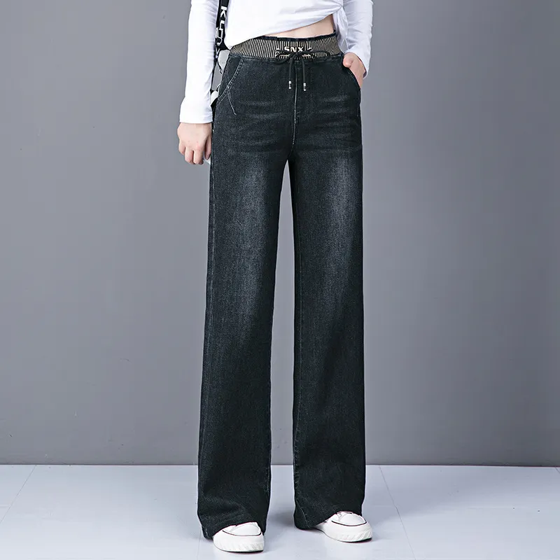 Plus Size High Waist Straight Drooping Pants Jeans Mop Pants Bell-bottom Pants - 9192 Black Unlined Trousers