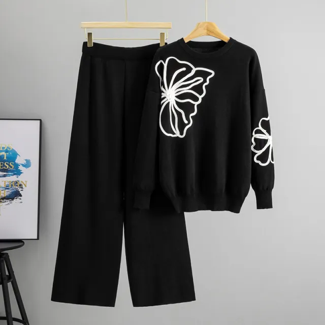 Long sleeve Floral Sweater And Casual Wide leg Pants Set Black - Shop at LoveMi