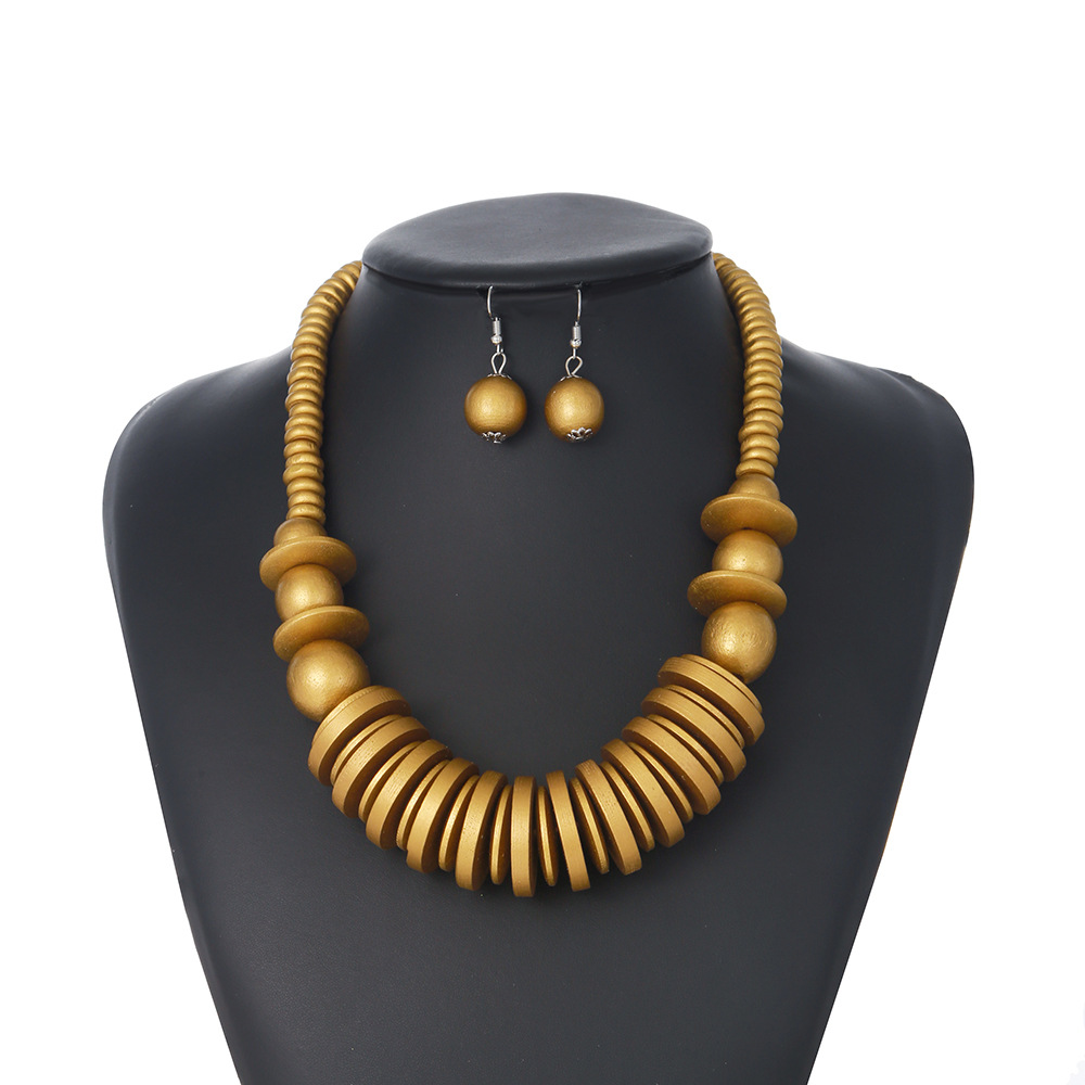 Wood Sequin Geometry Ornament Necklace And Earrings Suite