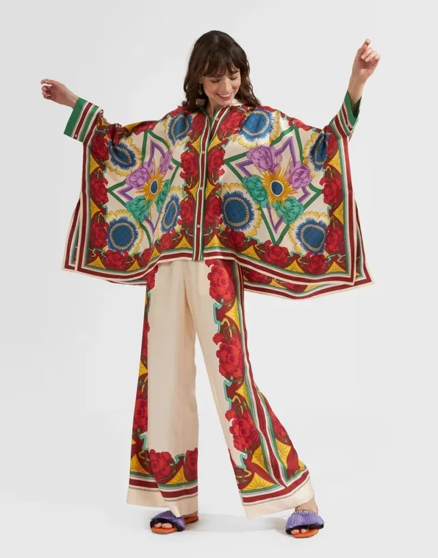 Women's Stand Collar Irregular Top Trousers Suit Two piece Set Red Flower - Shop at LoveMi