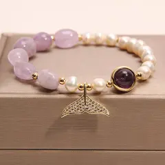 Natural Freshwater Pearl Strawberry Quartz Fishtail Bracelet - Milky White Shaped - View 1