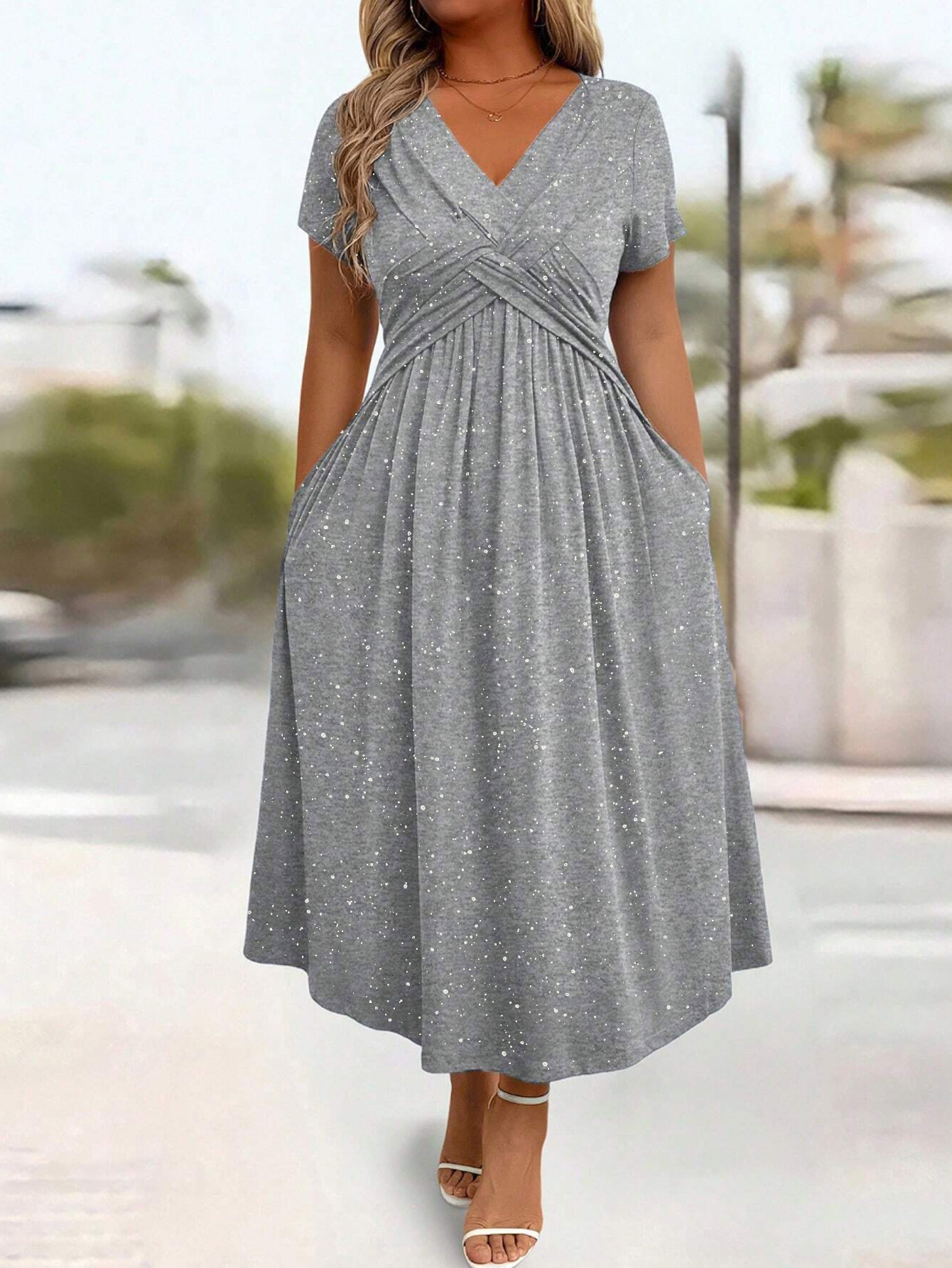 Waist Cinching Elegant Dress With A Vneck Shimmering Powder Finish Twisted Ribbon Detailing And Pocket Design Gray - Shop at LoveMi