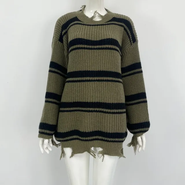 Color Blocking Round Neck Loose Sweater Coat Army Green - Shop at LoveMi