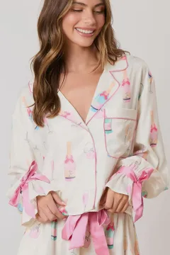 Christmas Bow Long Sleeve Pajamas Shorts Suit - White - View 1