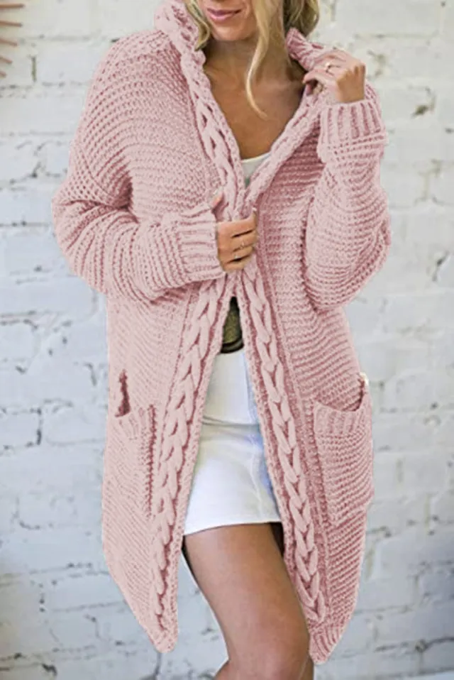 Women's Contrast Color Twist Pocket Cardigan Knitted Sweater Coat Pink - Shop at LoveMi