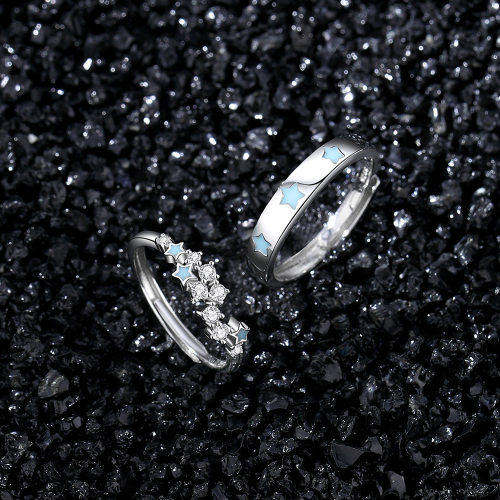 S925 Silver Couple Fluorescent Rings With Scattered Stars - Jewelry & Watches
