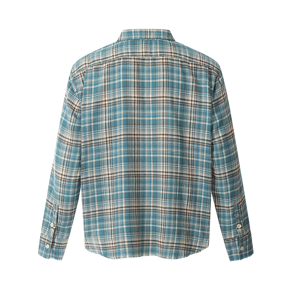 American Retro Plaid Long Sleeve Shirt Casual Polo Collar Raw Edge
