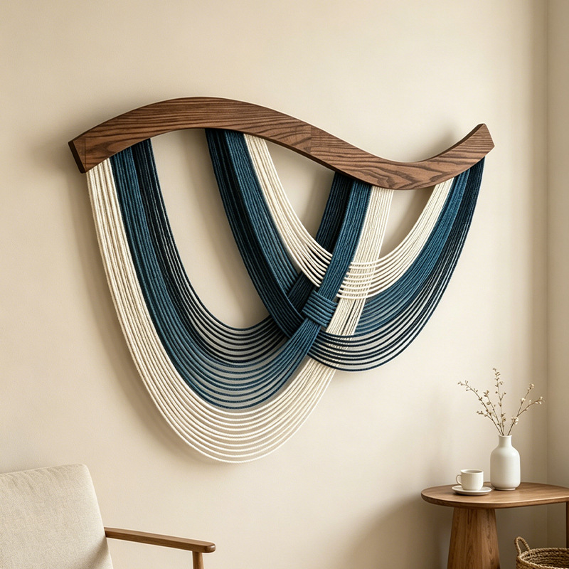 Nordic-style Gradient Woven Wall Hanging With A Wavy Solid Wood Rod Ornament