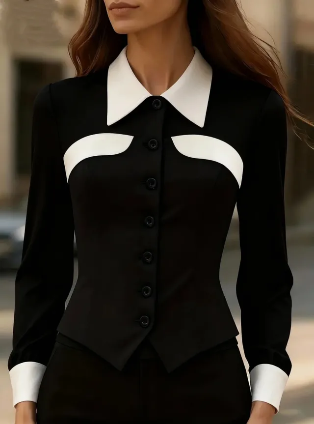 Independent Website Women's Color block Slim fit Versatile Slimming Long sleeved Shirt Black - Shop at LoveMi