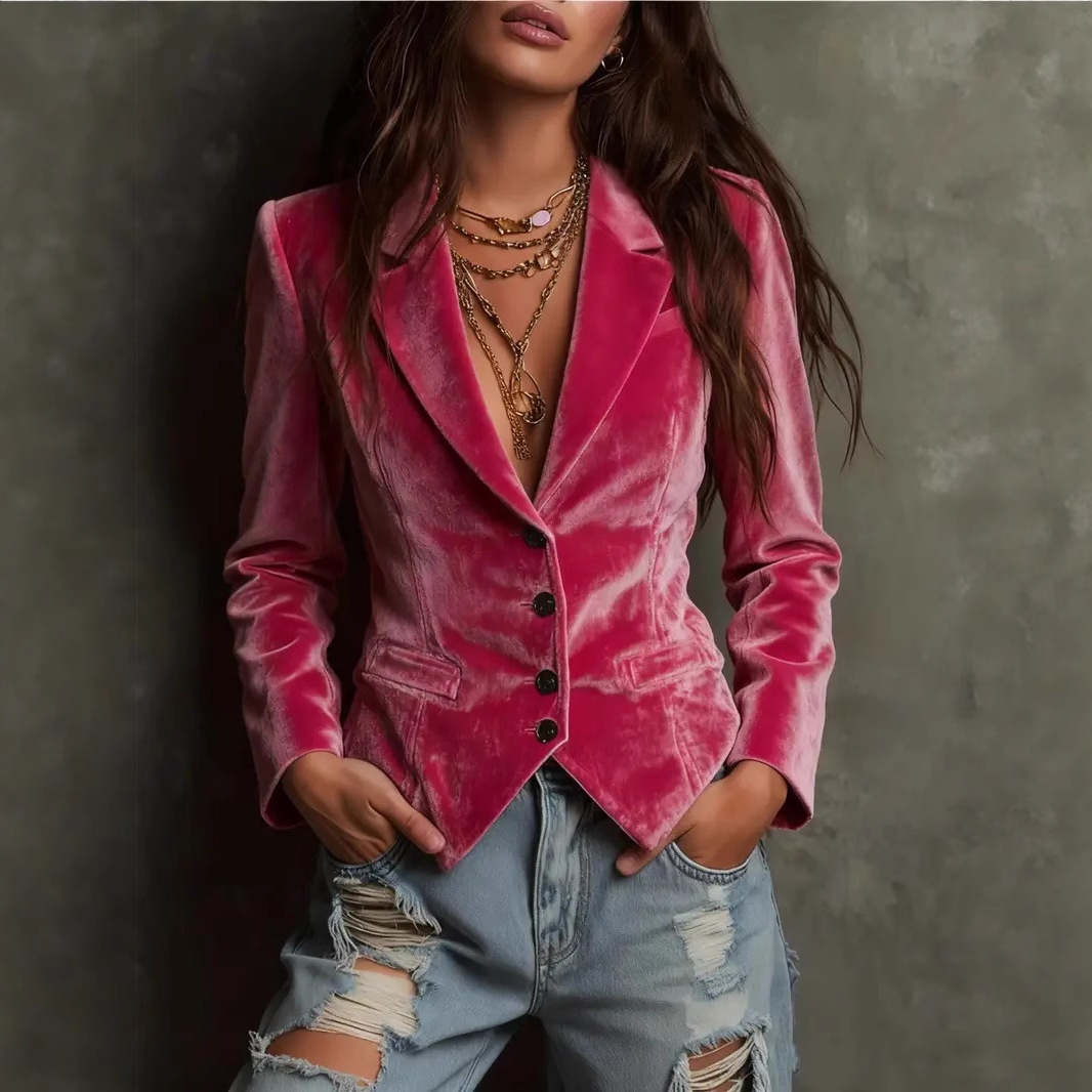 Womens Long-sleeve Shirt-collar Velvet Blazer