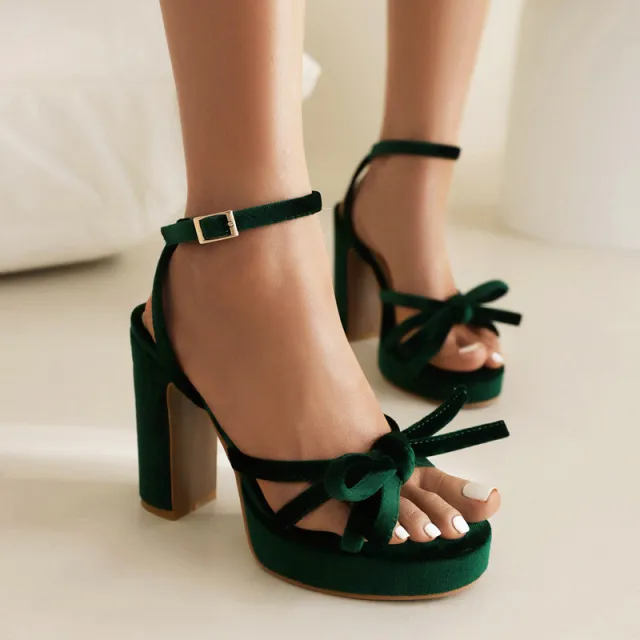 French style Open toe Block heel Sandals With A Bow cutout Strappy Design Green - Shop at LoveMi