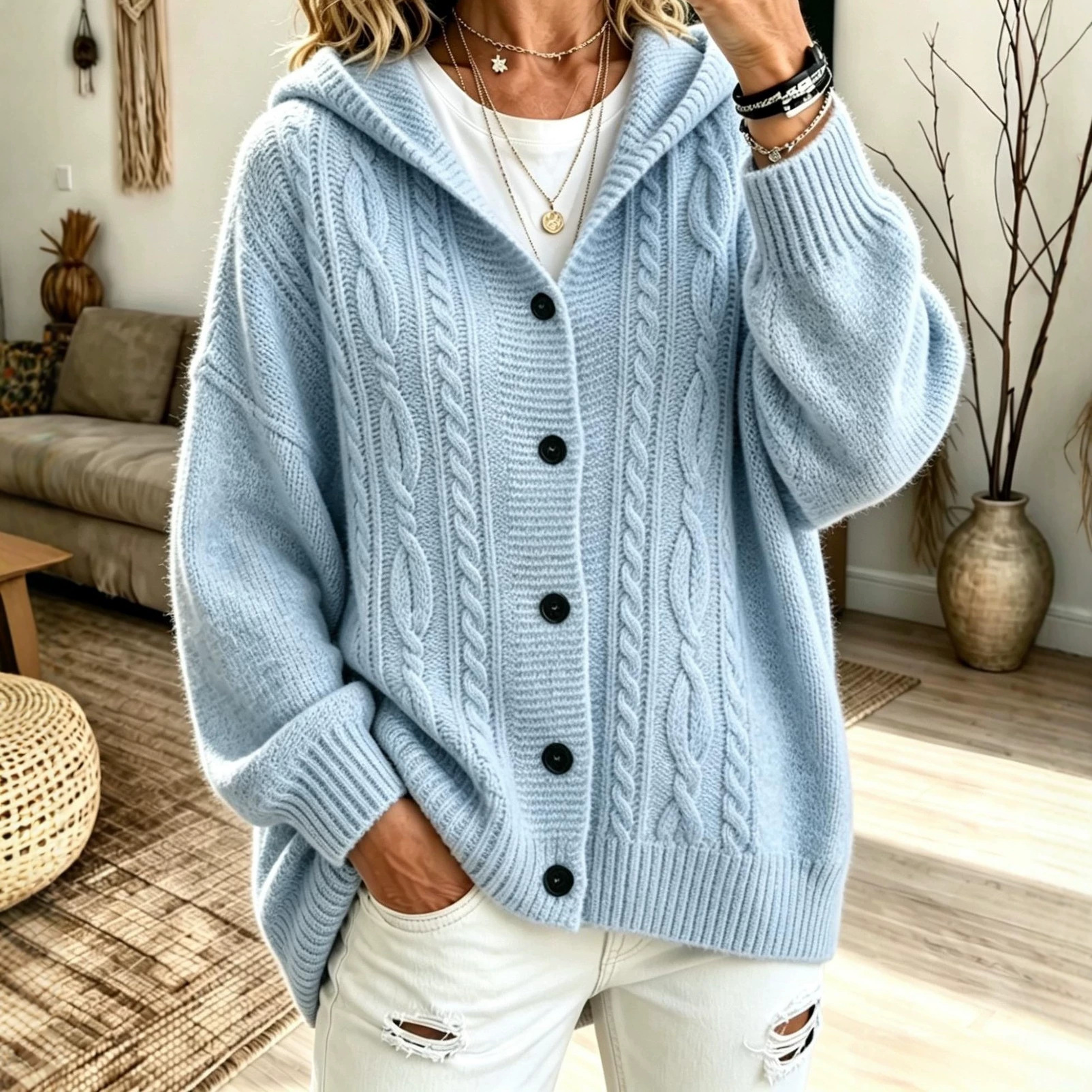 Cardigan tricotat cu glugă Pulover pentru femei