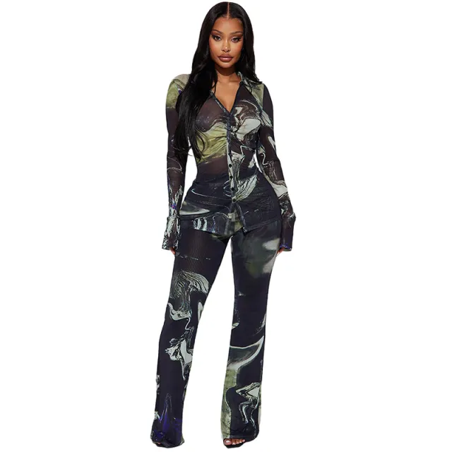 Casual Positioning Printing Lapel Pleated Button Top Two piece Set Black - Shop at LoveMi
