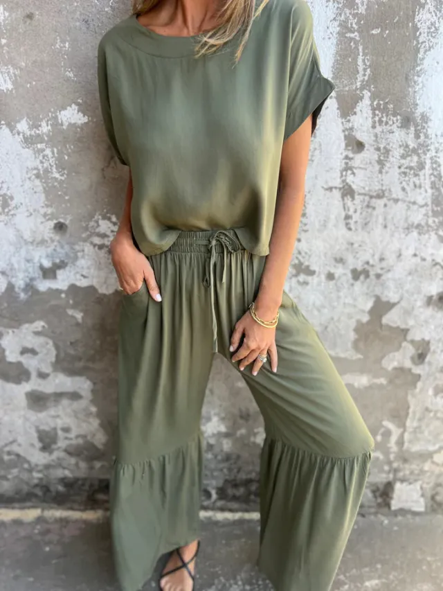 Short sleeved Suit Summer Round Neck Pullover Top And Drawstring Wide leg Pants Fashion Set For Women Clothing Green - Shop at LoveMi