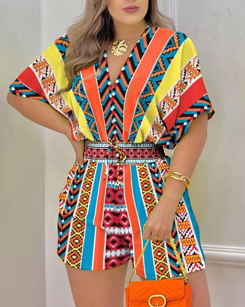Summer European And American Short-sleeved V-neck Lace-up Jumpsuit - Color Printing