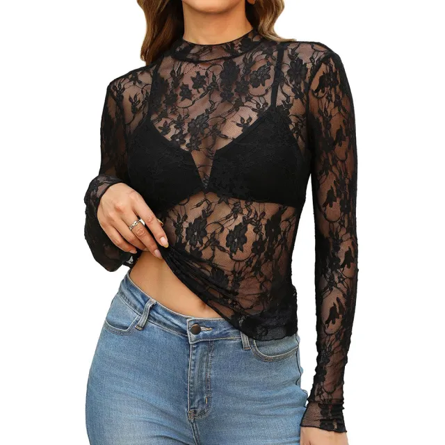 Women's Semi High Neck Sheer Long Sleeve TShirt Sexy Y2K Mesh Top Large Lace Black - Shop at LoveMi