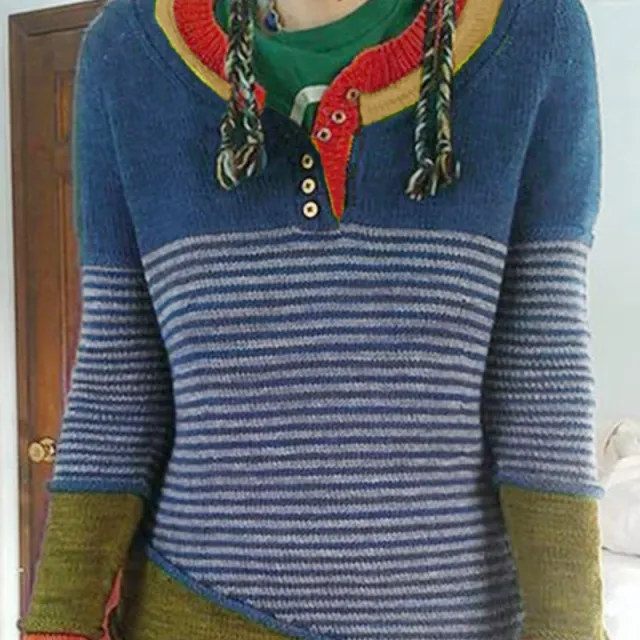 Autumn New Striped Color Matching Sweater Women's Casual Sweater Red - Shop at LoveMi