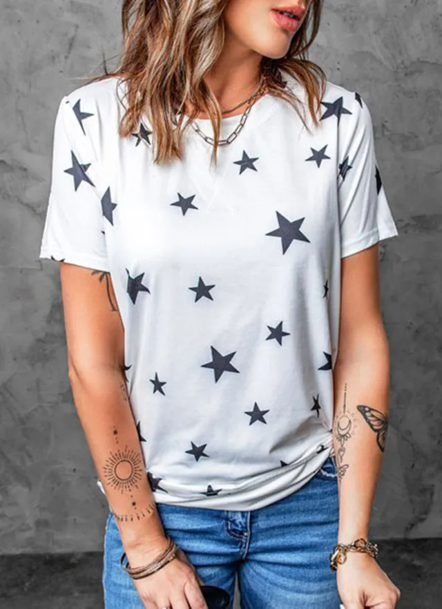 Women's Fashion Round Neck Short Sleeves Printed T shirt Top White - Shop at LoveMi