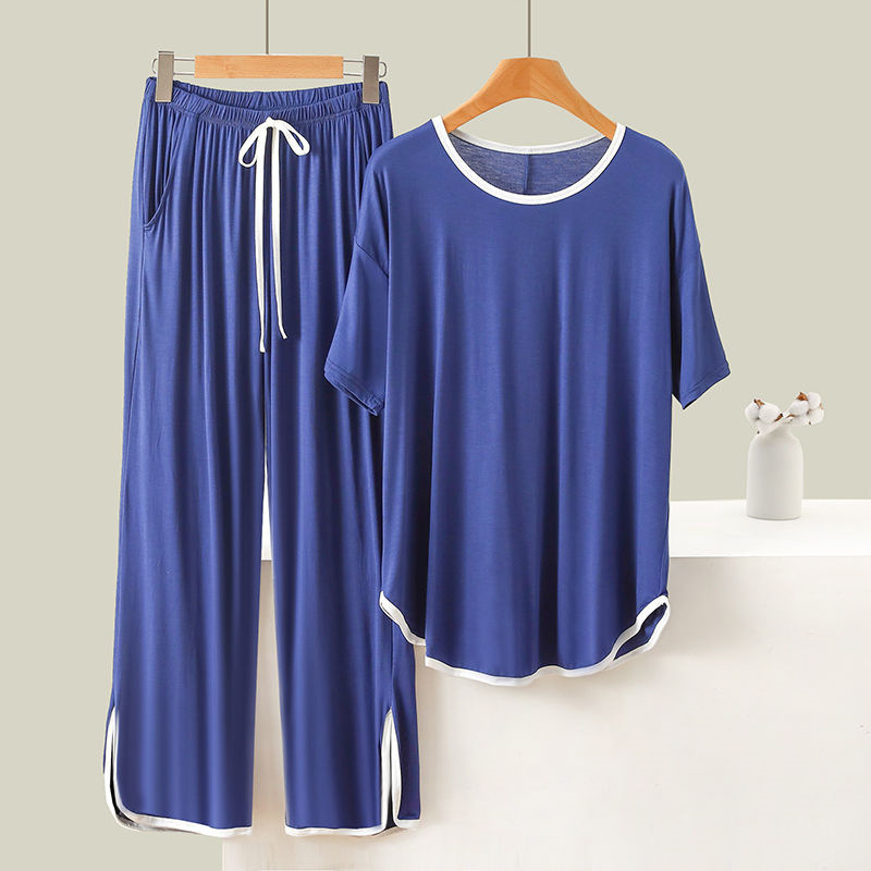 Thin Short sleeved Trousers Home Wear Pajamas Two piece Set Blue - Shop at LoveMi