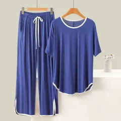 Thin Short-sleeved Trousers Home Wear Pajamas Two-piece Set - Denim Blue - View 1