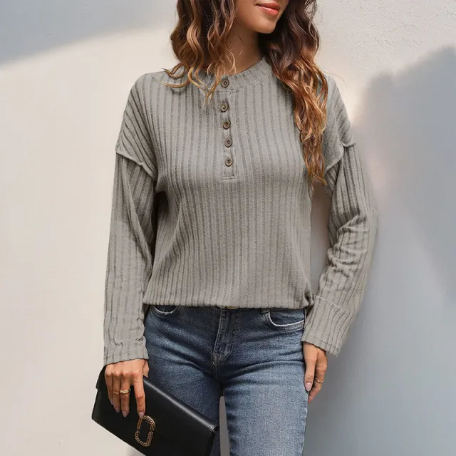Button Round Neck Brushed Sunken Stripe Simple Casual All match T shirt Khaki - Shop at LoveMi