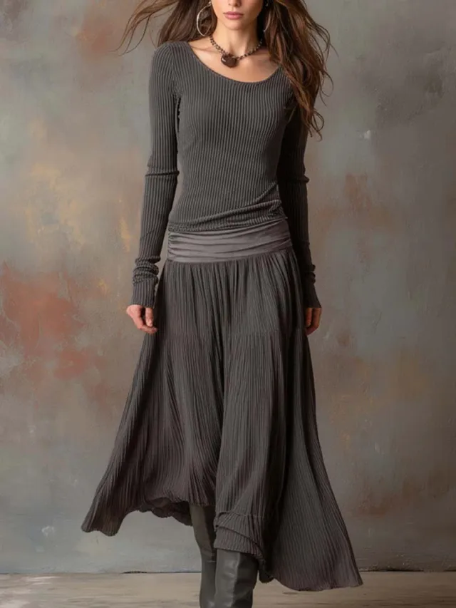 Retro Ribbed Long Dress Long Sleeve Round Neck A line Skirt Gray - Shop at LoveMi