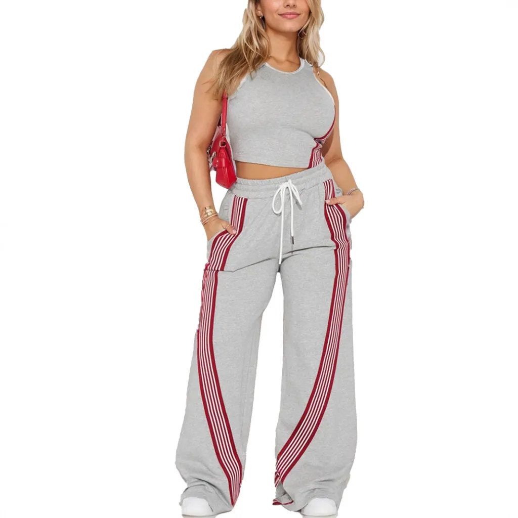 Sleeveless Tight Tank Top And Straight-leg Pants Two-piece Set - Light Gray