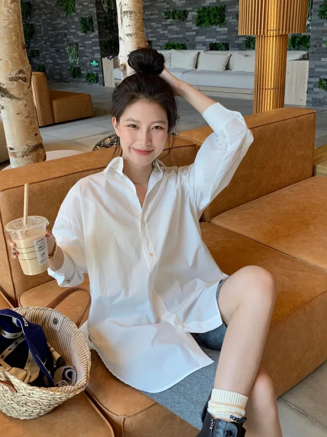 White Blue Bandage Dress Shirt Women's Spring And Autumn Design Sense White - Shop at LoveMi