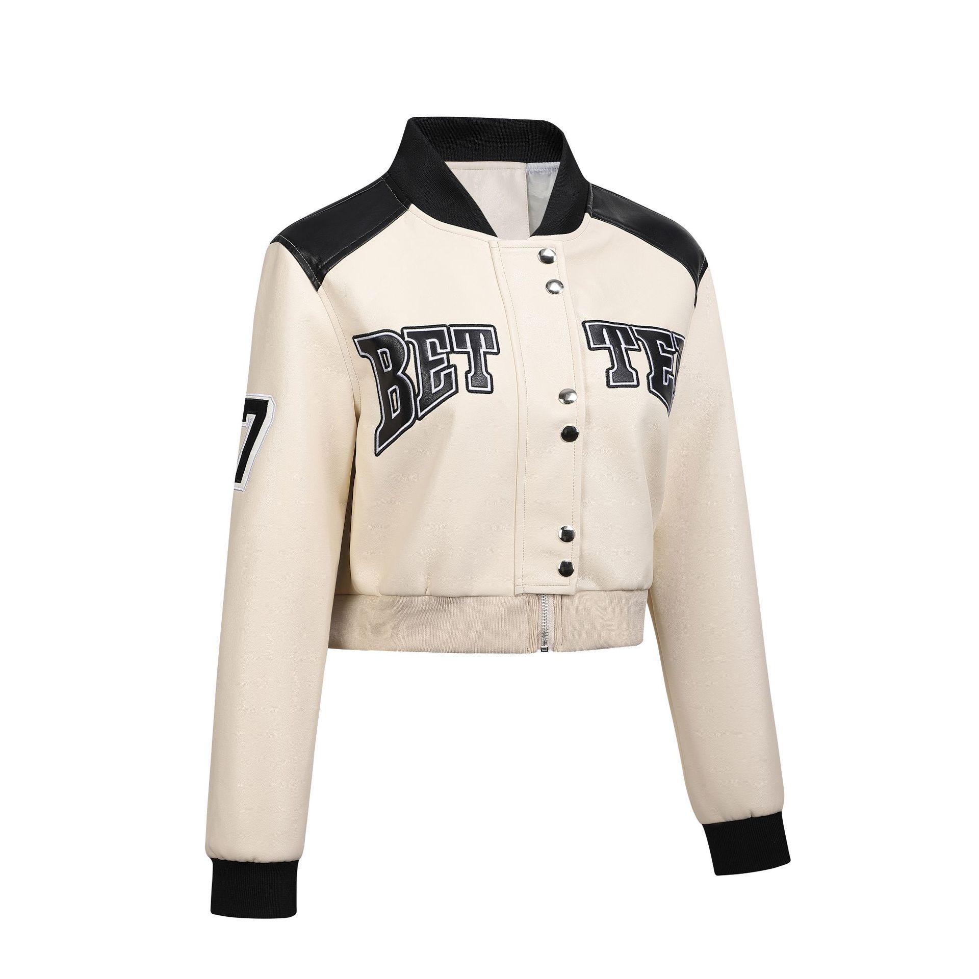 Color-block Letter-embroidered Biker Jacket For Women — image 1