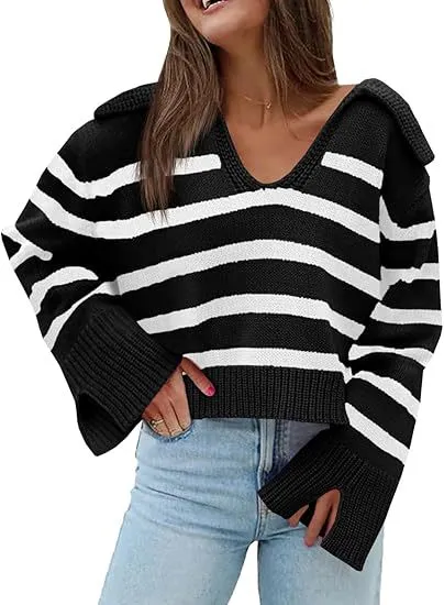 V neck Large Lapel Short Knitted Women's Top Black - Shop at LoveMi