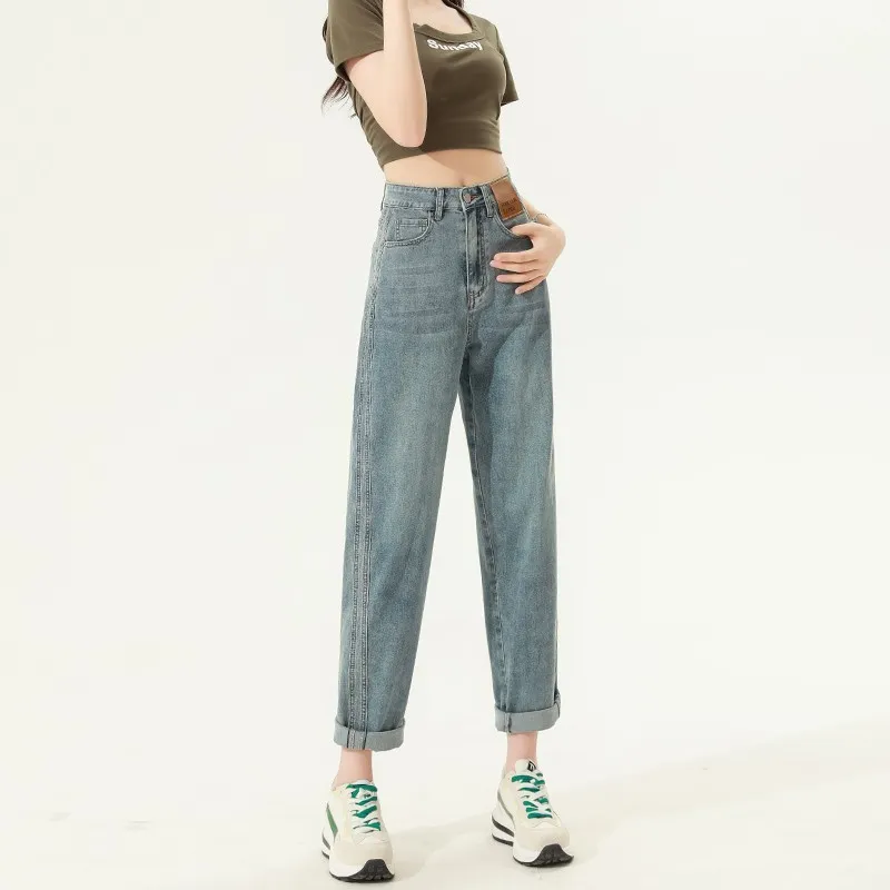High Waist Straight Harem Jeans Women - Retro Blue