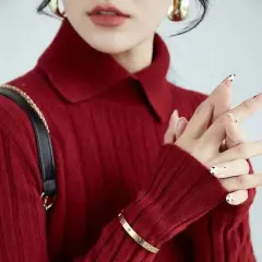 Early Autumn Winter Thread Sunken Stripe Slim Fit Pullover Inner Wear Knitted Bottoming Shirt Lapel Long Sleeve Sweater - Wine Red - View 1
