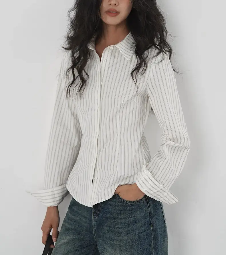 French-style Vintage Vertical Striped Women's Shirt