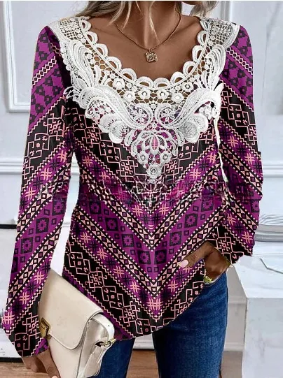 Round neck lace long sleeved elegant casual T shirt Red - Shop at LoveMi