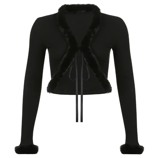 Women's Clothing Popular Short Furry Cardigan Fur Collar Coat Black - Shop at LoveMi