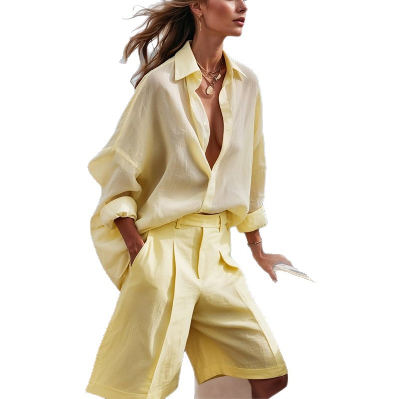 Summer New High-grade Casual Long-sleeved Shirt High Waist Cropped Pants Fashion Suit