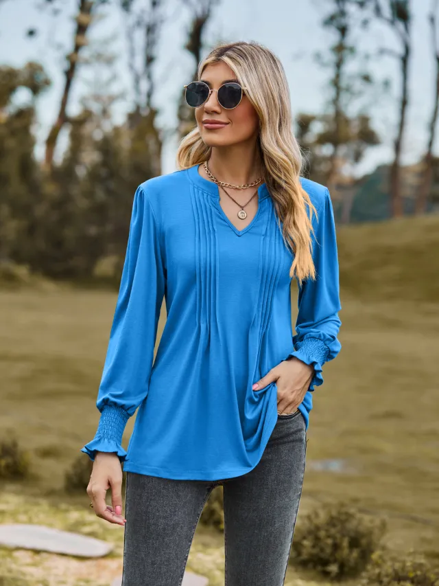 Women's Solid Color Striped Puff Sleeve V neck Smocking Long Sleeve Top Blue - Shop at LoveMi