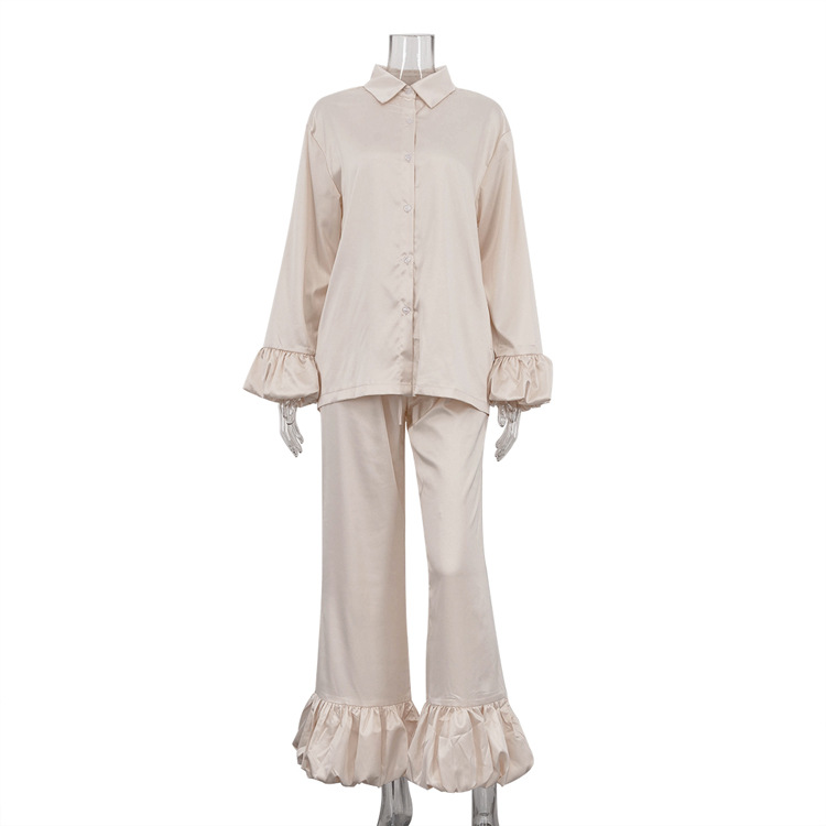 Stitching Design Sense Bell Sleeve Polo Collar Top Loose Trousers Two-piece Set