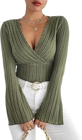 Women's Autumn And Winter Rib Sunken Stripe V neck Flared Slim fit Long Sleeve T shirt Elegant Women's Top Army Green - Shop at LoveMi