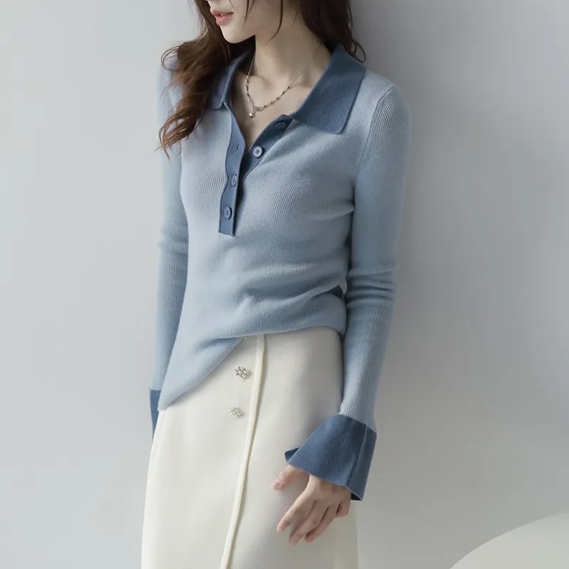 French Style Polo Collar Knitted Bottoming Shirt Long Sleeve Contrast Color Slim Fit Sweater - Baby Blue