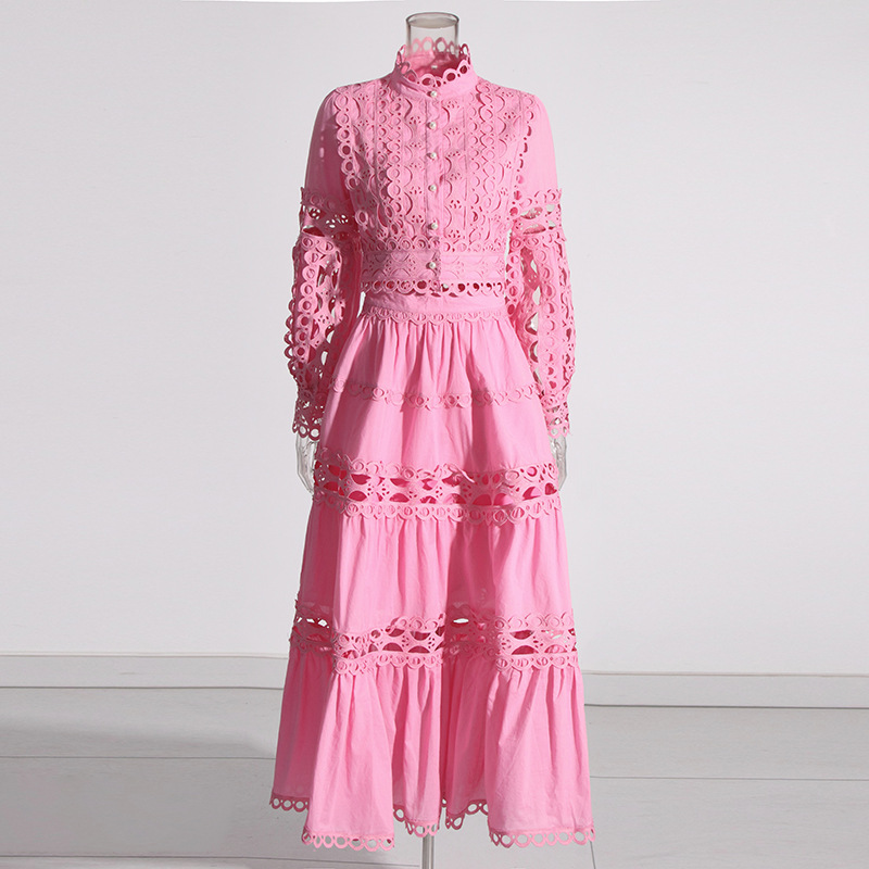 Lace Collar Long Sleeve Midriff Outfit Shirt High Waist Skirt Solid Color Two piece Set Pink - Shop at LoveMi