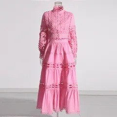 Lace Collar Long Sleeve Midriff Outfit Shirt High Waist Skirt Solid Colour Two-piece Set - Pink - View 1