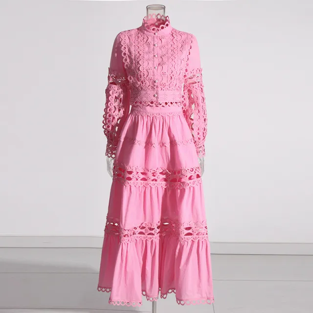 Lace Collar Long Sleeve Midriff Outfit Shirt High Waist Skirt Solid Color Two piece Set Pink - Shop at LoveMi