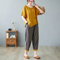 New Buckle Irregular Top Two-piece Set For Women - Yellow Clothes Plaid Pants - View 1