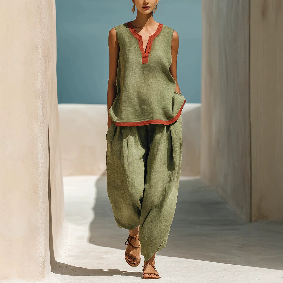 Summer Contrast-Colored Wide-Leg Pants Suit Womens Cotton-Linen Fashionable Two-Piece Set